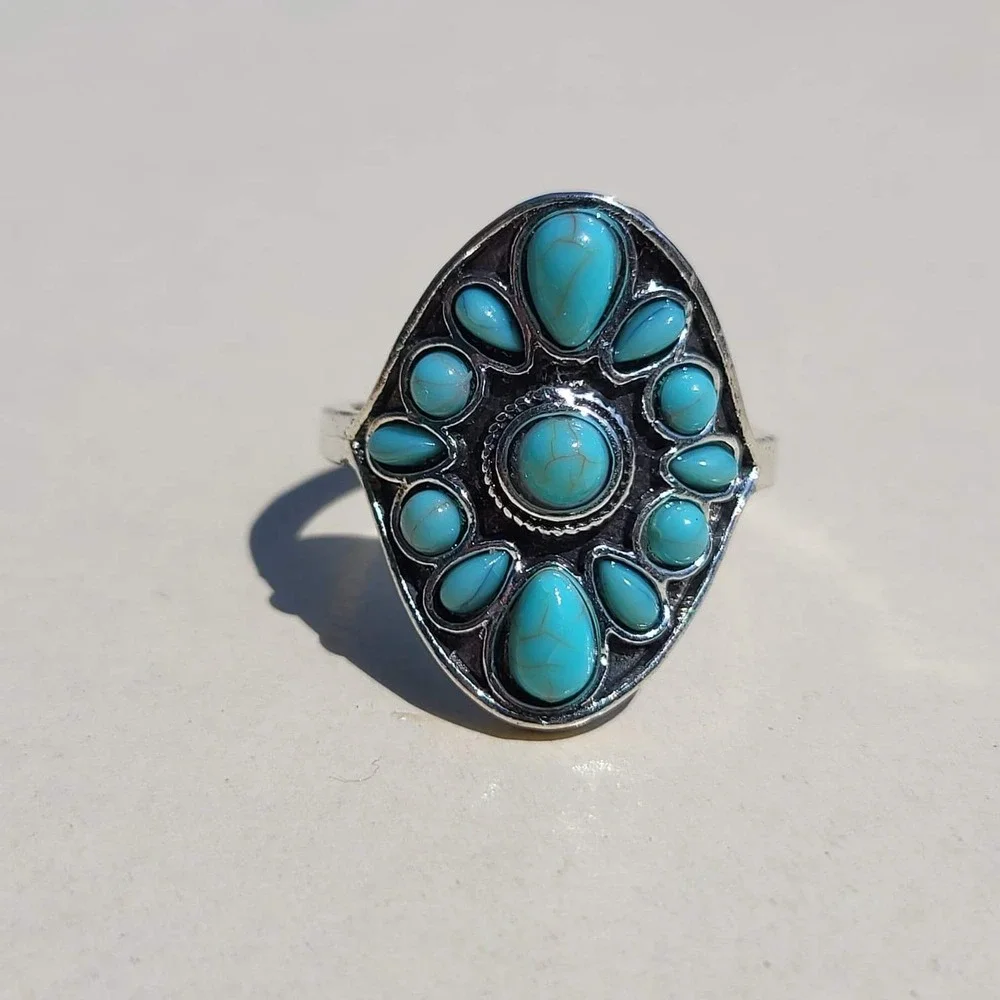 Vintage Silver Tone Faux Turquoise Cluster Ring Size 9.75 Blue Southwestern Boho